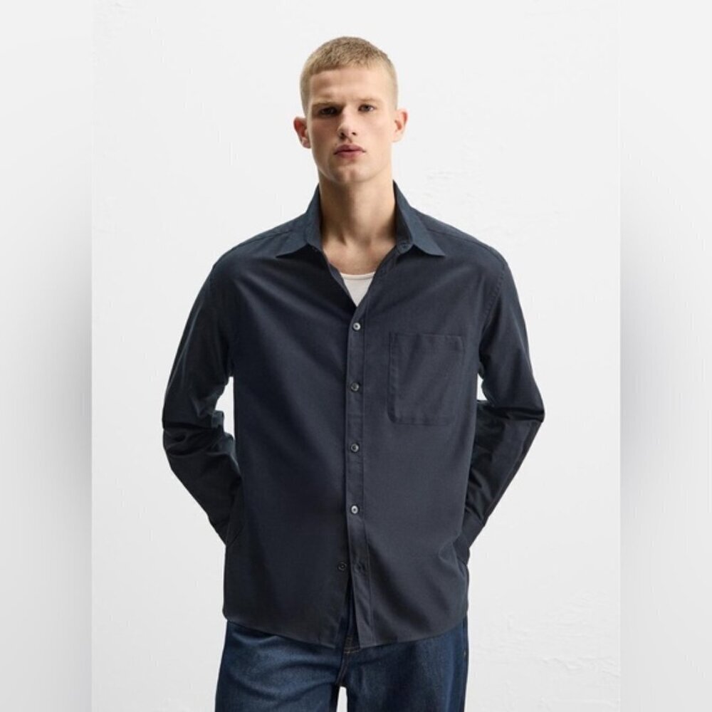 ZARA Man Slim Fit Navy Button-Up Shirt - Size Medium
